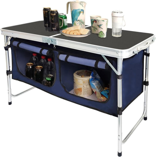 Outdoor Folding Table Aluminum Lightweight Height Adjustable with Storage Organizer for BBQ, Party, Camping