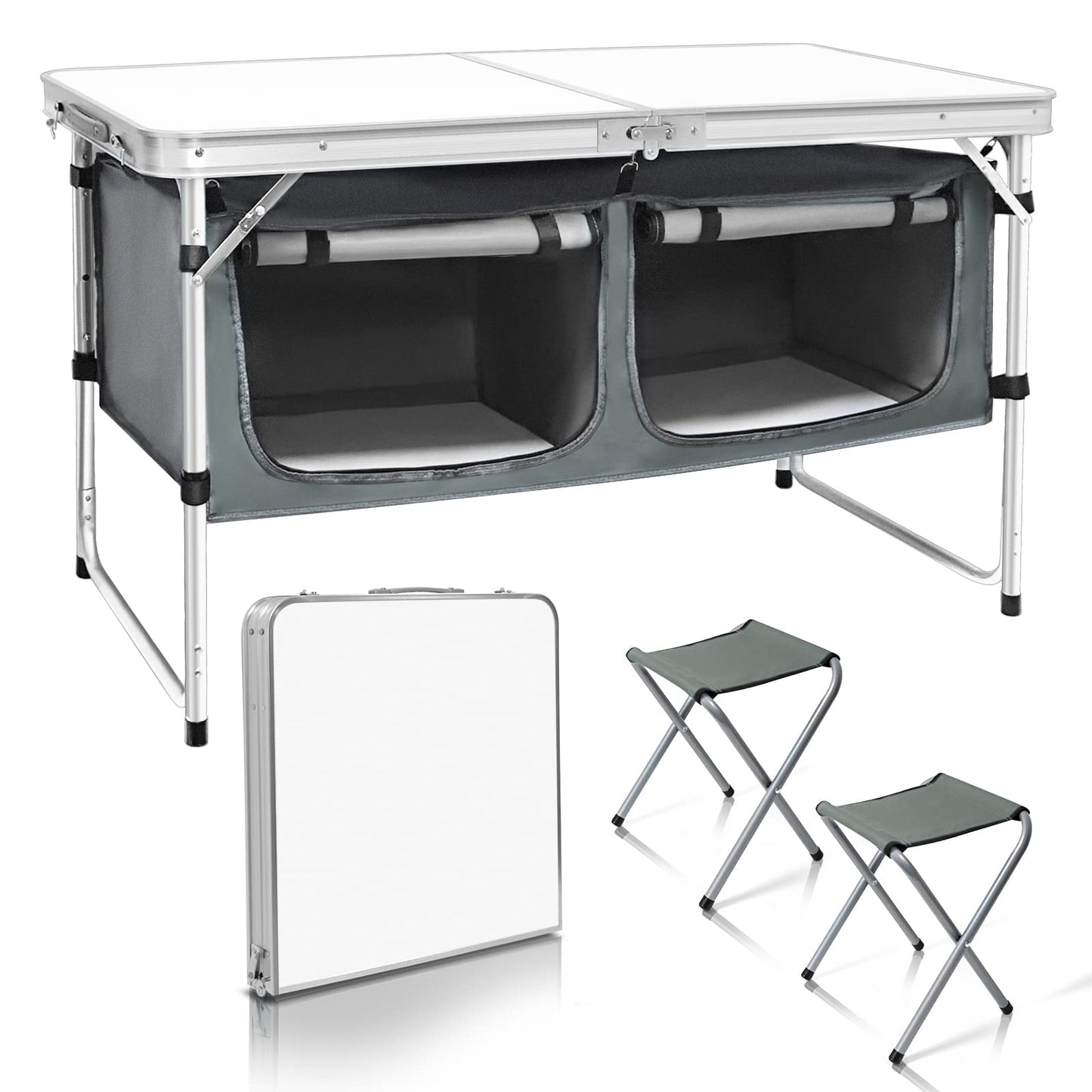 Outdoor Folding Table Aluminum Lightweight Height Adjustable with Storage Organizer for BBQ, Party, Camping