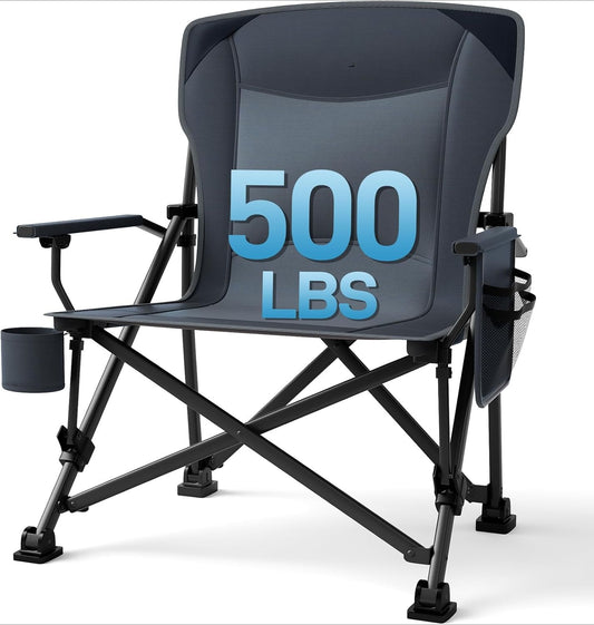 Oversized Folding Camping Chair, for Adults Heavy Duty Lawn Chair with Side Pockets, Portable Collapsible Quad Chair for Outside, Support Up to 500lbs, Grey