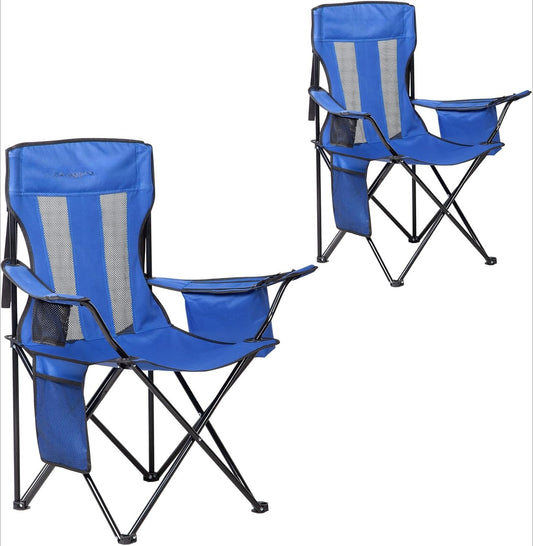 2 Pack Outdoor Camping Chairs Folding/Foldable/Portable with Cooler Pouch, Mesh Backrest and Cup Holder Pocket (Blue, 2 Pack)