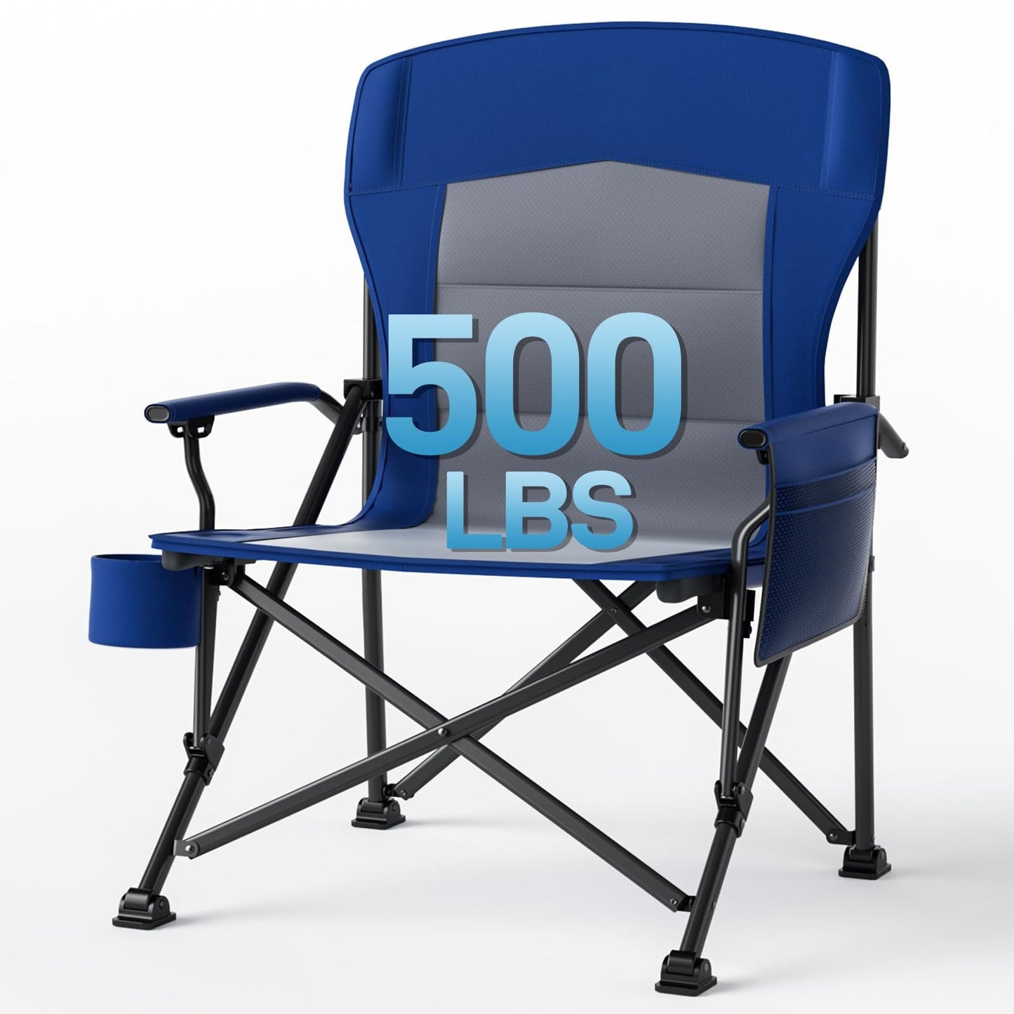 Oversized Folding Camping Chair, for Adults Heavy Duty Lawn Chair with Side Pockets, Portable Collapsible Quad Chair for Outside, Support Up to 500lbs, Grey