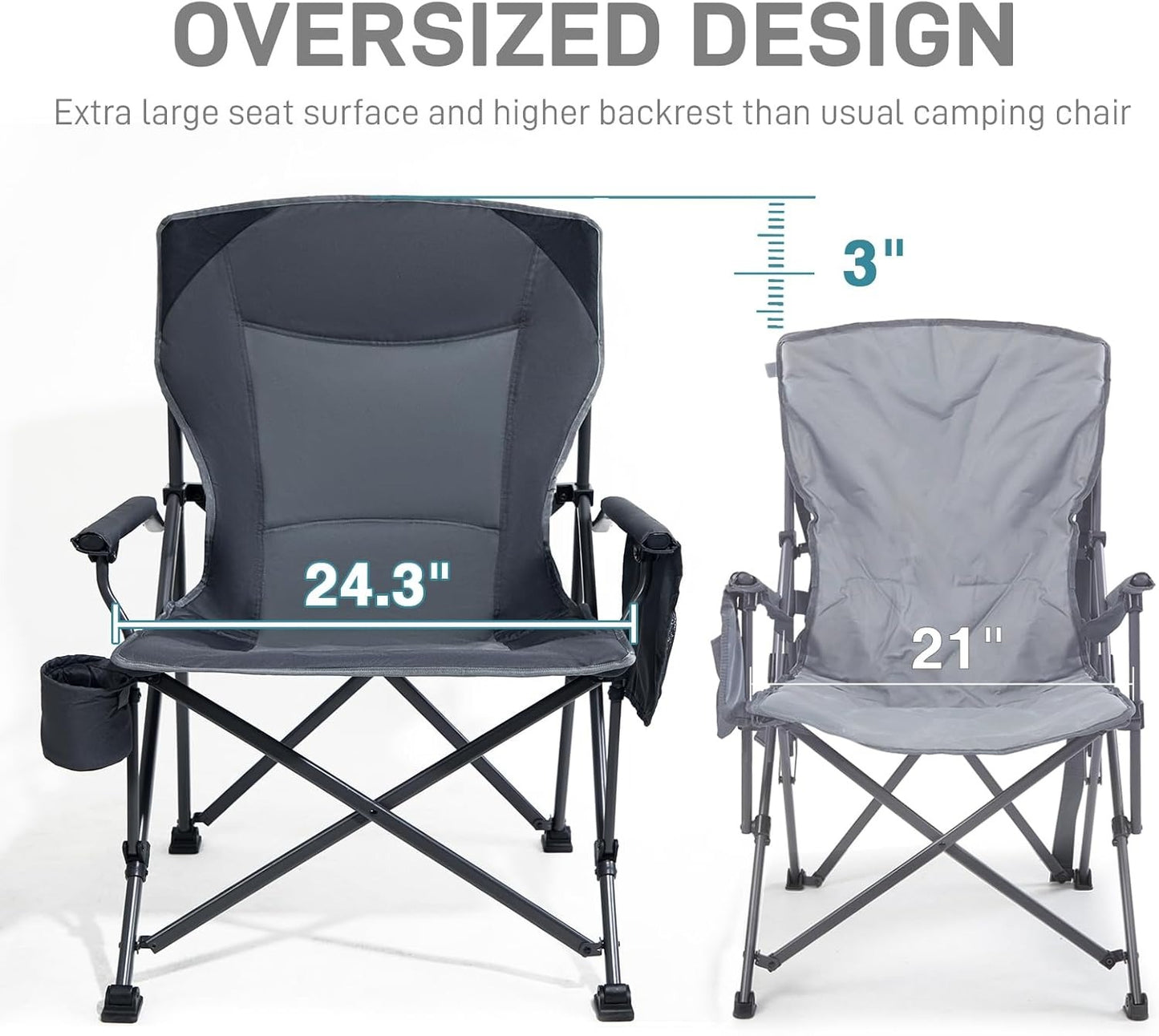 Oversized Folding Camping Chair, for Adults Heavy Duty Lawn Chair with Side Pockets, Portable Collapsible Quad Chair for Outside, Support Up to 500lbs, Grey