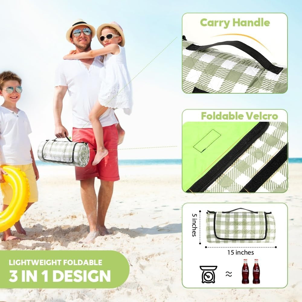 Extra Large Picnic Outdoor Blanket, 80''x80'' Waterproof Foldable Blankets Gingham Picnic Mat for Beach, Camping Grass Lawn Park Accessories Cute Couple Gifts Ideas Wedding Registry(Green White)