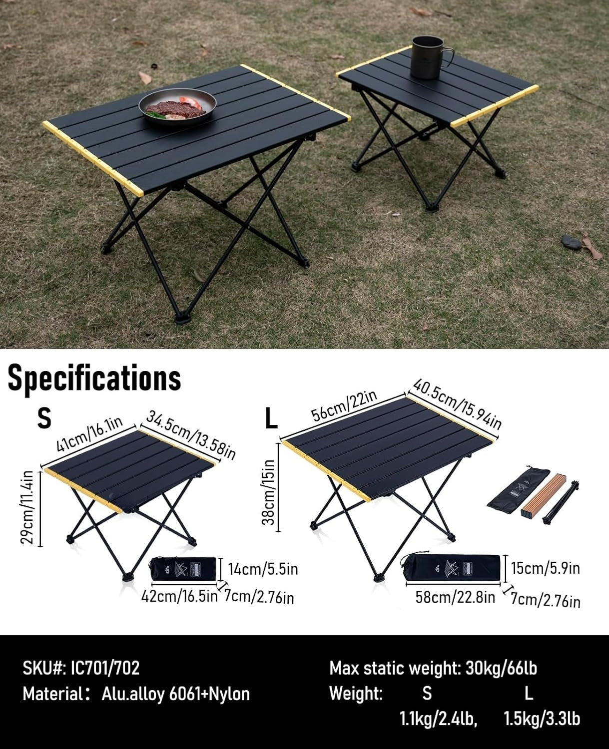 Ultralight Compact Camping Folding Table with Carry Bag (Black - S)