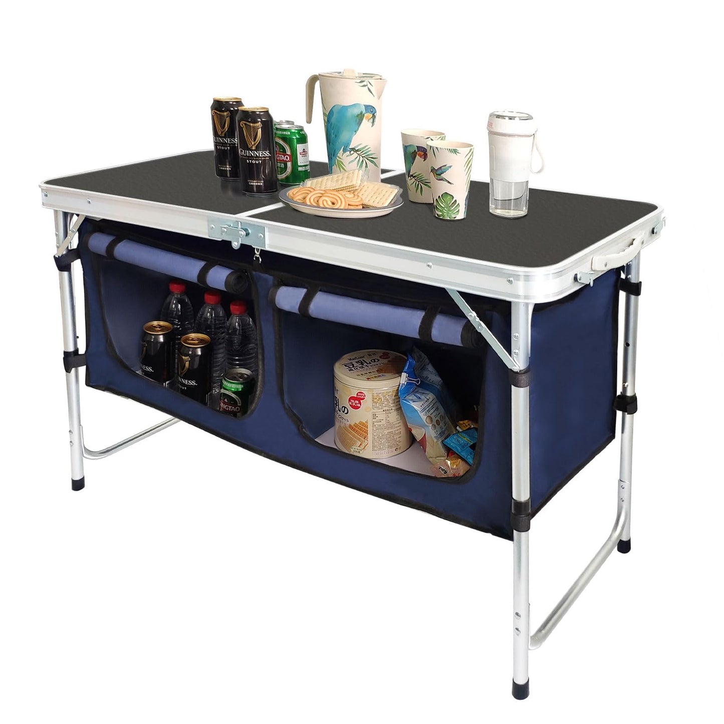 Outdoor Folding Table Aluminum Lightweight Height Adjustable with Storage Organizer for BBQ, Party, Camping