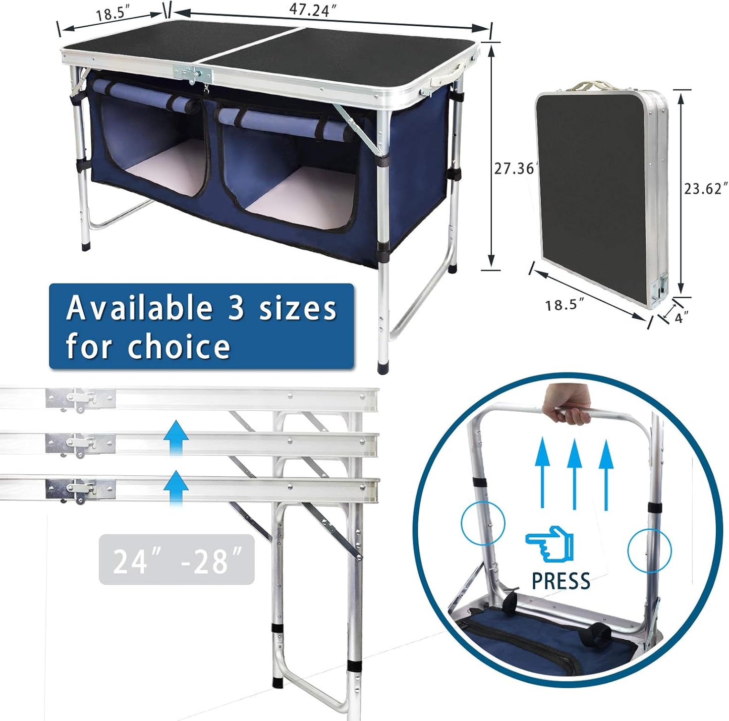 Outdoor Folding Table Aluminum Lightweight Height Adjustable with Storage Organizer for BBQ, Party, Camping