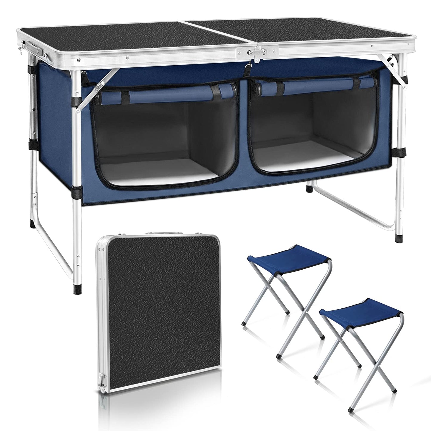 Outdoor Folding Table Aluminum Lightweight Height Adjustable with Storage Organizer for BBQ, Party, Camping