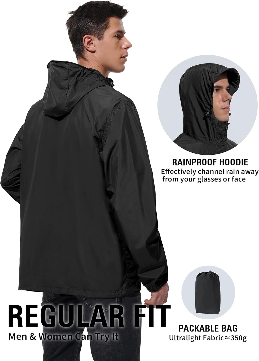 Men Lightweight Waterproof Rain Jacket Hooded Windbreaker Packable Outdoor Coat for Golf Running Hiking Travel