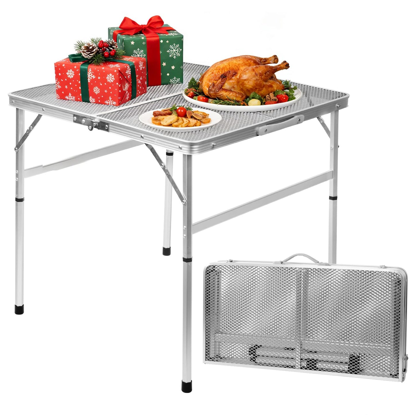 2Ft Small Folding Table with Carry Handle, Camping Table Adjustable Height 10.6–22 in, Black Metal Mesh, Portable & Compact for Outdoor/Indoor,Grill Table, 23.6×15.8 in, 4 lb, 66 lb Capacity