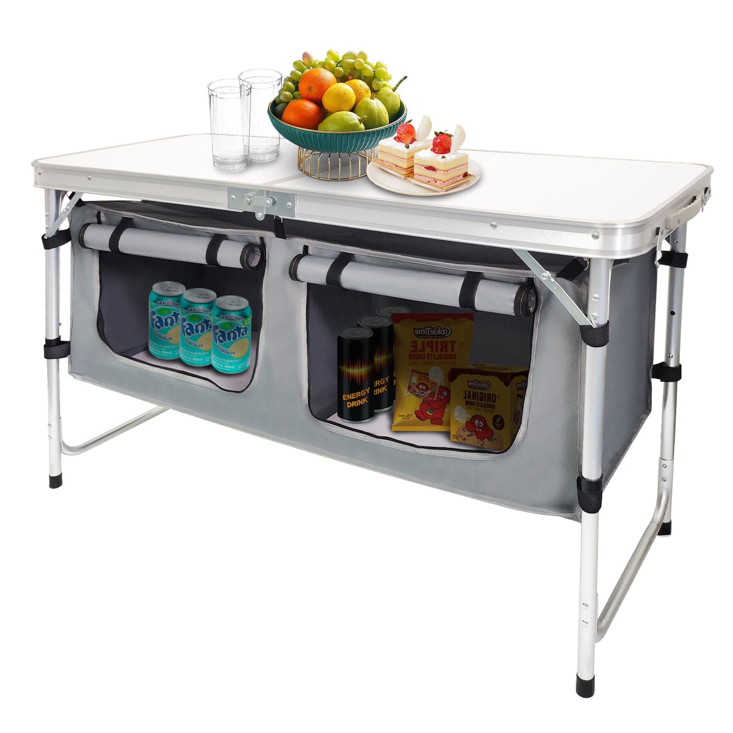Outdoor Folding Table Aluminum Lightweight Height Adjustable with Storage Organizer for BBQ, Party, Camping