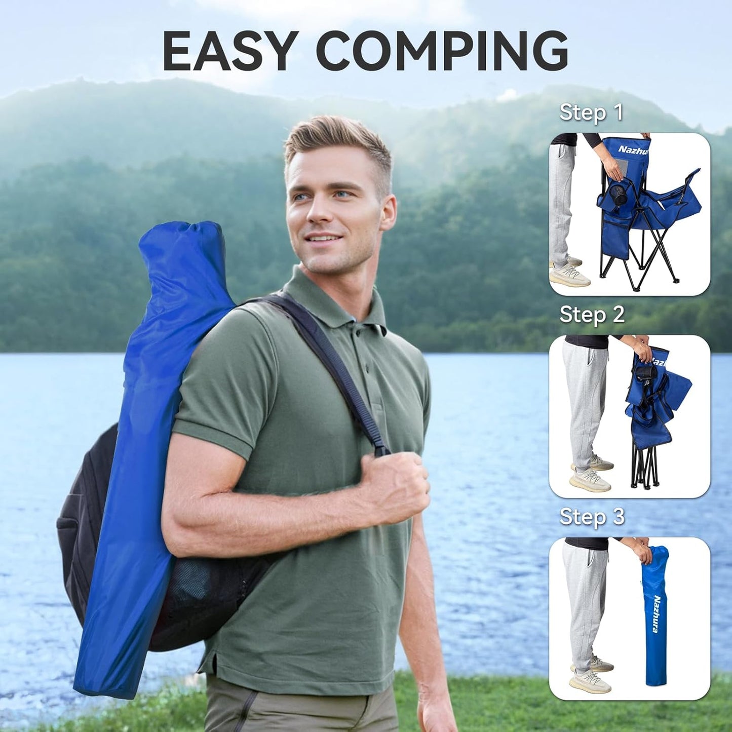 2 Pack Outdoor Camping Chairs Folding/Foldable/Portable with Cooler Pouch, Mesh Backrest and Cup Holder Pocket (Blue, 2 Pack)