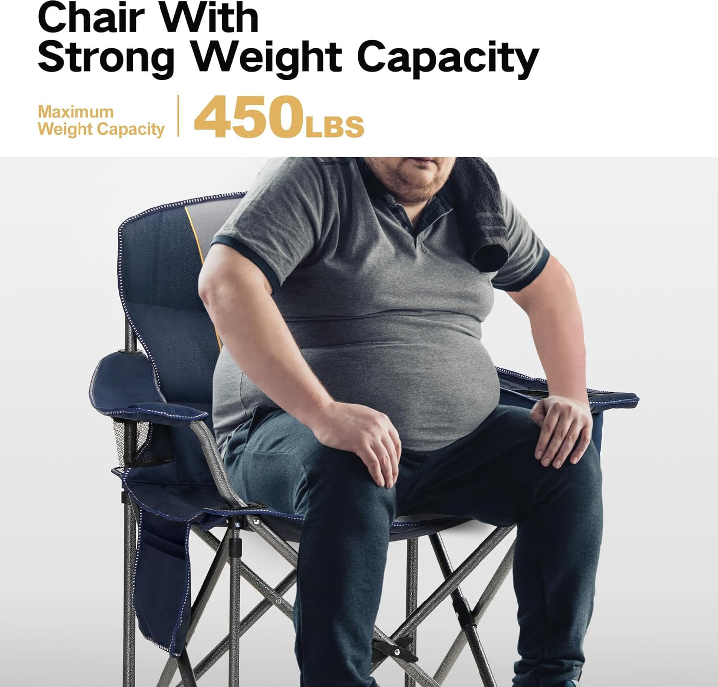 Heavy Duty Camping Chair 500LBS Capacity, Oversized Folding Chair for Heavy People, Padded Portable Outdoor Chair with Cooler Bag & Cup Holder for Camping, Fishing, Beach