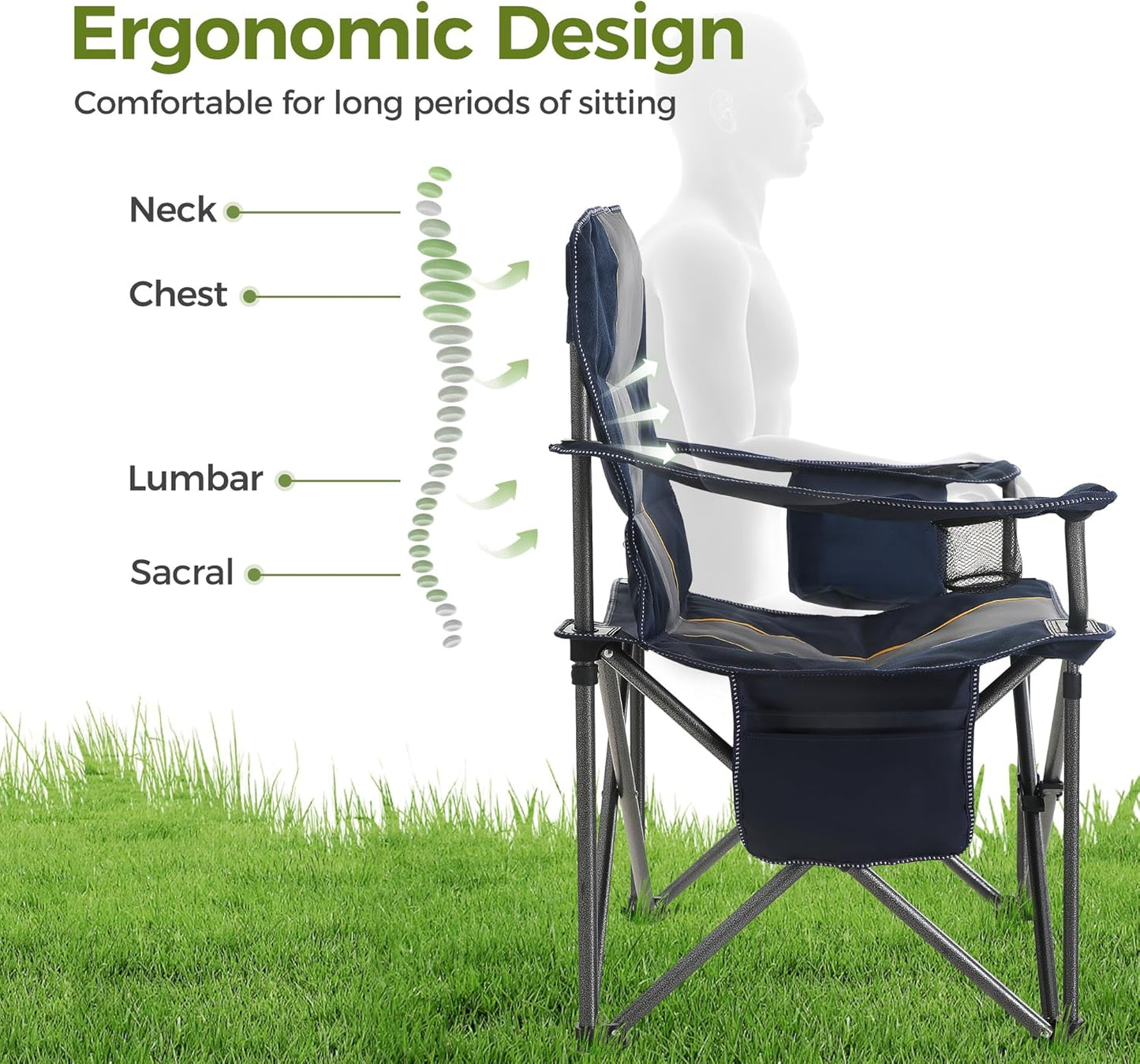 Heavy Duty Camping Chair 500LBS Capacity, Oversized Folding Chair for Heavy People, Padded Portable Outdoor Chair with Cooler Bag & Cup Holder for Camping, Fishing, Beach
