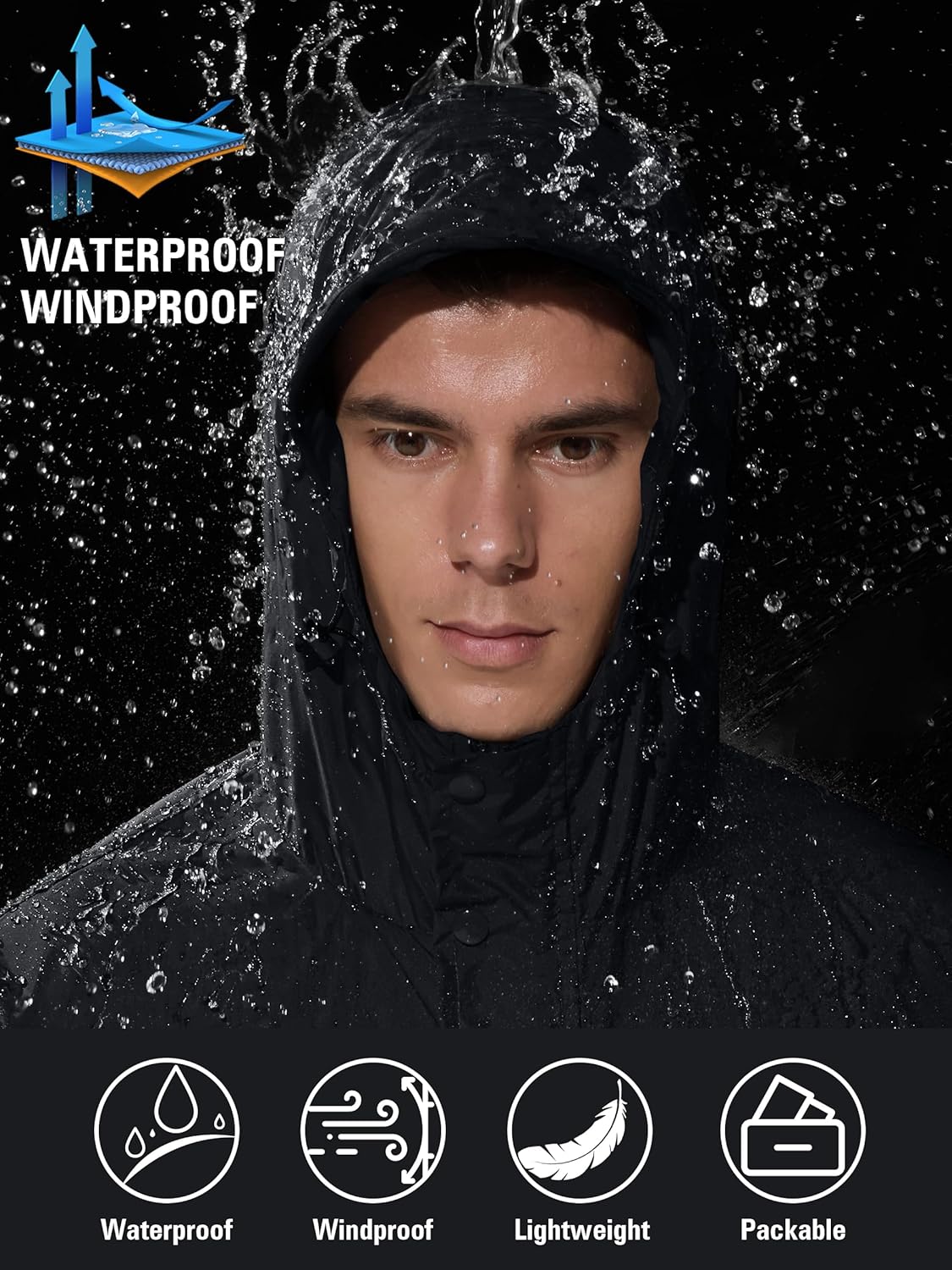 Men Lightweight Waterproof Rain Jacket Hooded Windbreaker Packable Outdoor Coat for Golf Running Hiking Travel