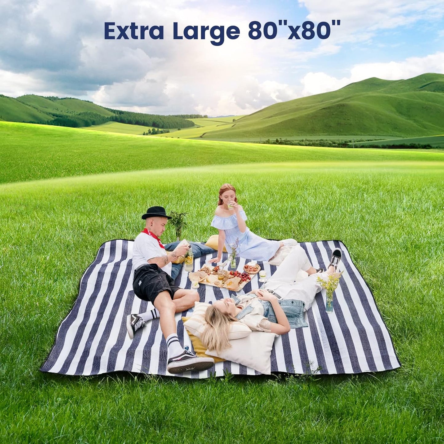 80”x 80” Picnic Blanket Extra Large, Waterproof and Foldable Beach Blanket, 3-Layer Outdoor Blanket for 6 to 8 Adults, for Camping, Park, Beach, Grass, Indoors…