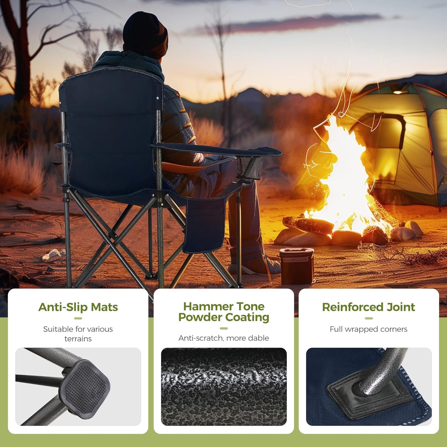 Heavy Duty Camping Chair 500LBS Capacity, Oversized Folding Chair for Heavy People, Padded Portable Outdoor Chair with Cooler Bag & Cup Holder for Camping, Fishing, Beach