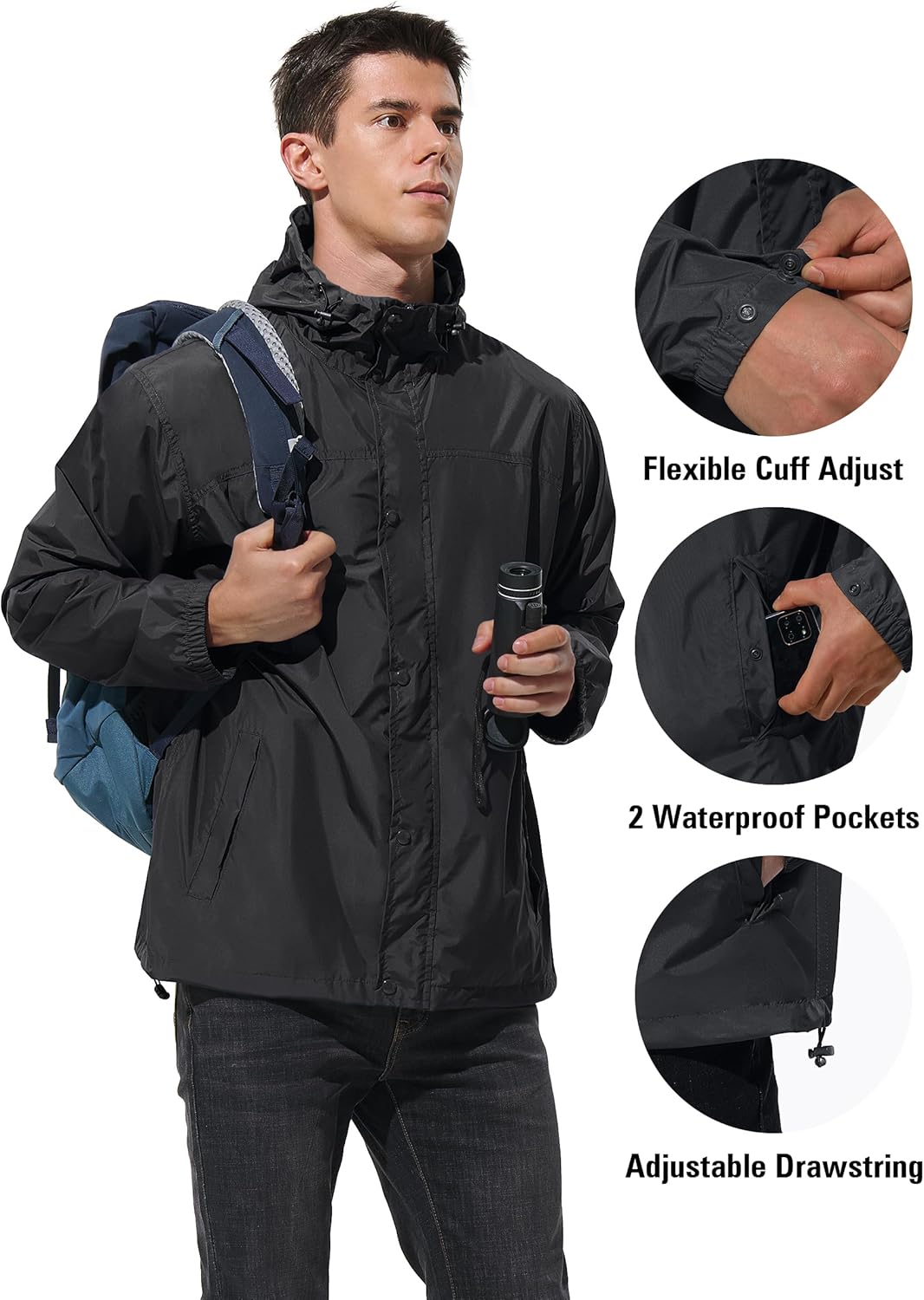 Men Lightweight Waterproof Rain Jacket Hooded Windbreaker Packable Outdoor Coat for Golf Running Hiking Travel