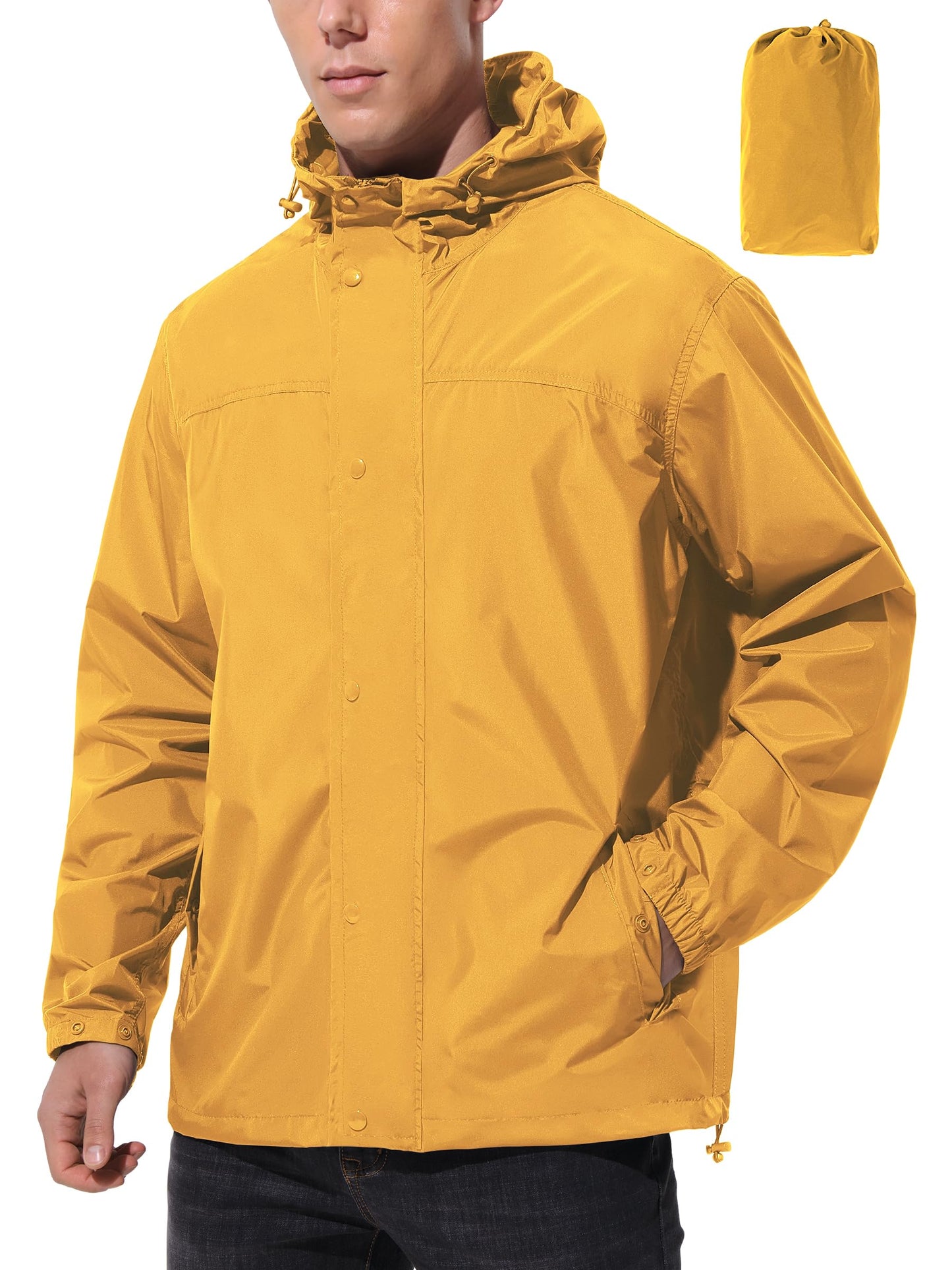 Men Lightweight Waterproof Rain Jacket Hooded Windbreaker Packable Outdoor Coat for Golf Running Hiking Travel