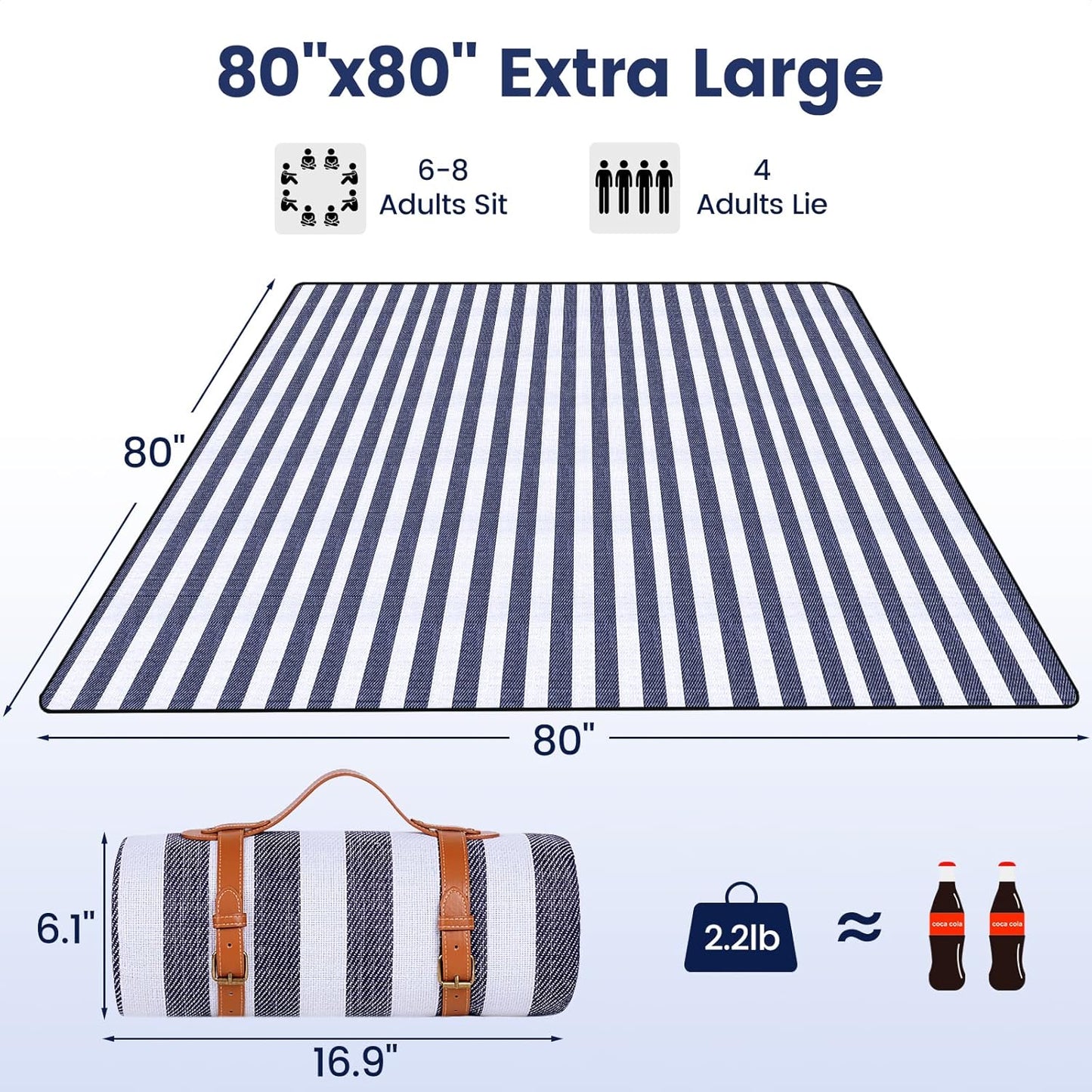 80”x 80” Picnic Blanket Extra Large, Waterproof and Foldable Beach Blanket, 3-Layer Outdoor Blanket for 6 to 8 Adults, for Camping, Park, Beach, Grass, Indoors…