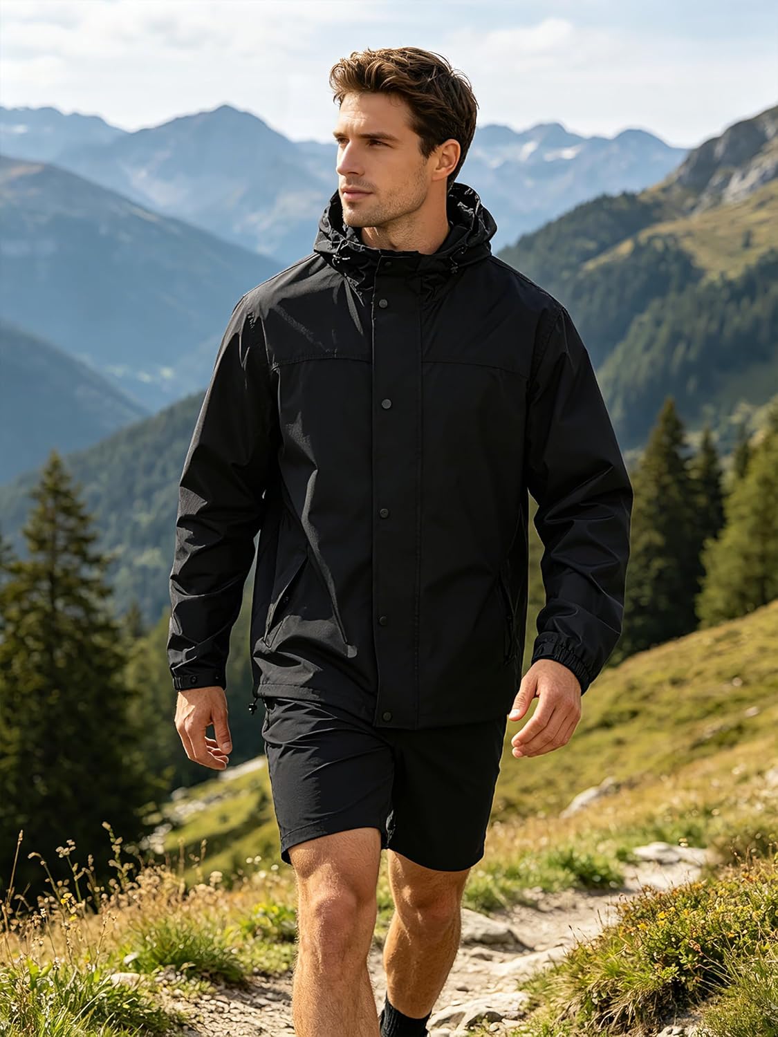 Men Lightweight Waterproof Rain Jacket Hooded Windbreaker Packable Outdoor Coat for Golf Running Hiking Travel