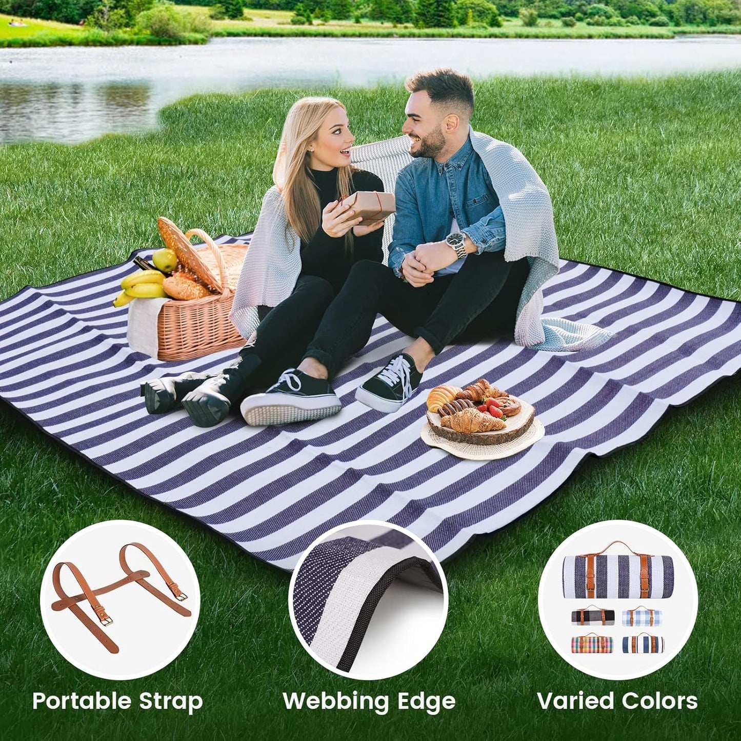 80”x 80” Picnic Blanket Extra Large, Waterproof and Foldable Beach Blanket, 3-Layer Outdoor Blanket for 6 to 8 Adults, for Camping, Park, Beach, Grass, Indoors…