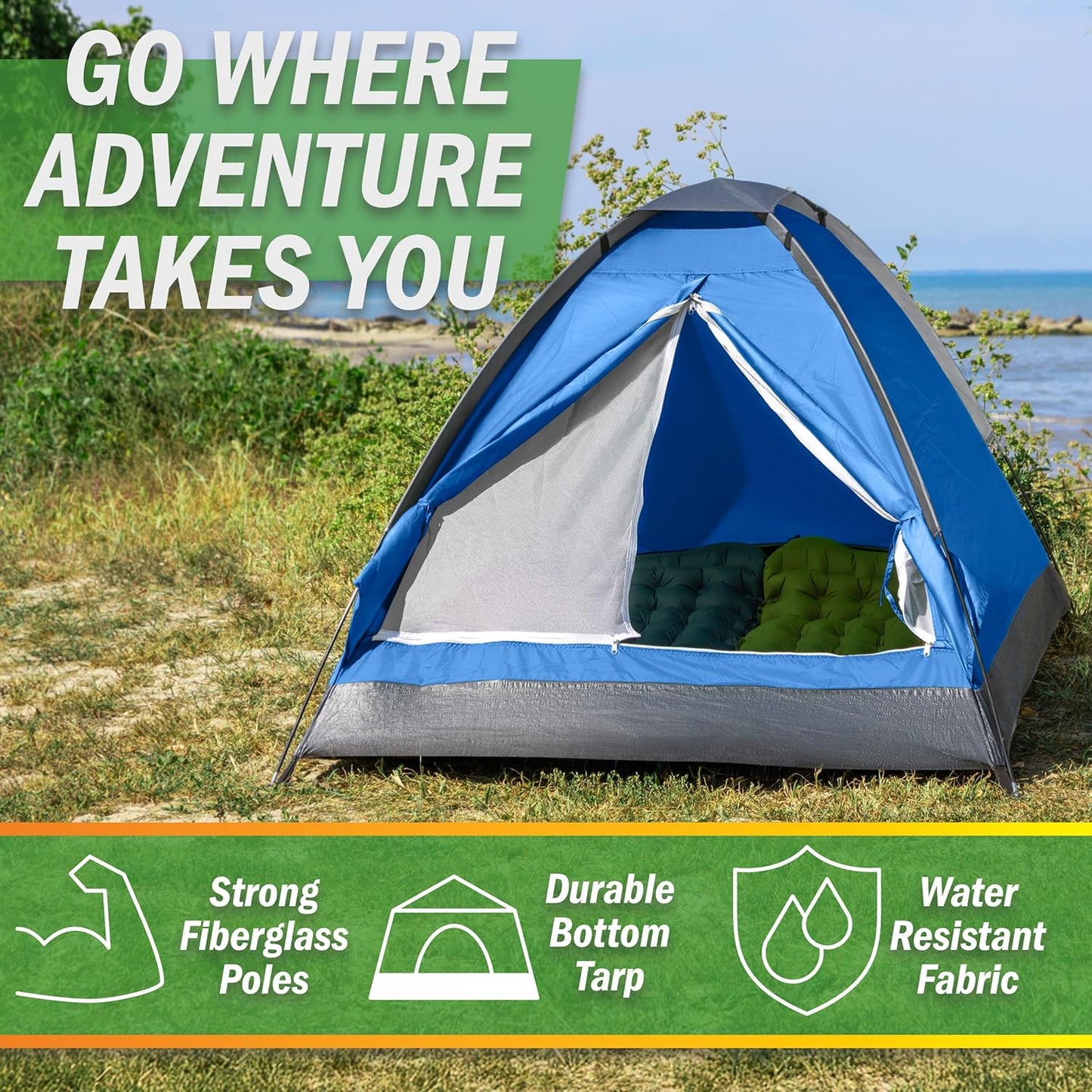 2 Person Outdoors Camping Tent with Rain Fly and Carrying Bag - Lightweight Outdoor Pop Up Tents for Camping Essentials, Music Festivals, Backpacking, Hiking, or Beach Shelter