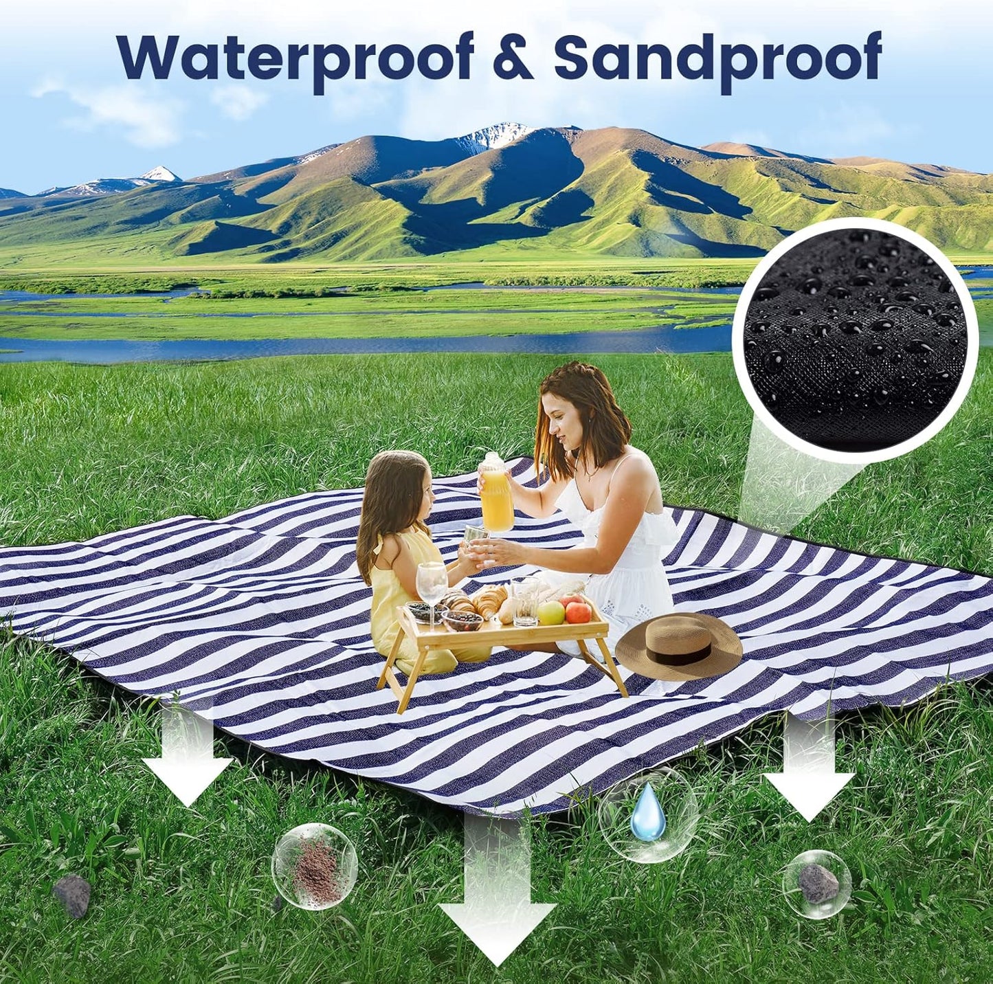 80”x 80” Picnic Blanket Extra Large, Waterproof and Foldable Beach Blanket, 3-Layer Outdoor Blanket for 6 to 8 Adults, for Camping, Park, Beach, Grass, Indoors…