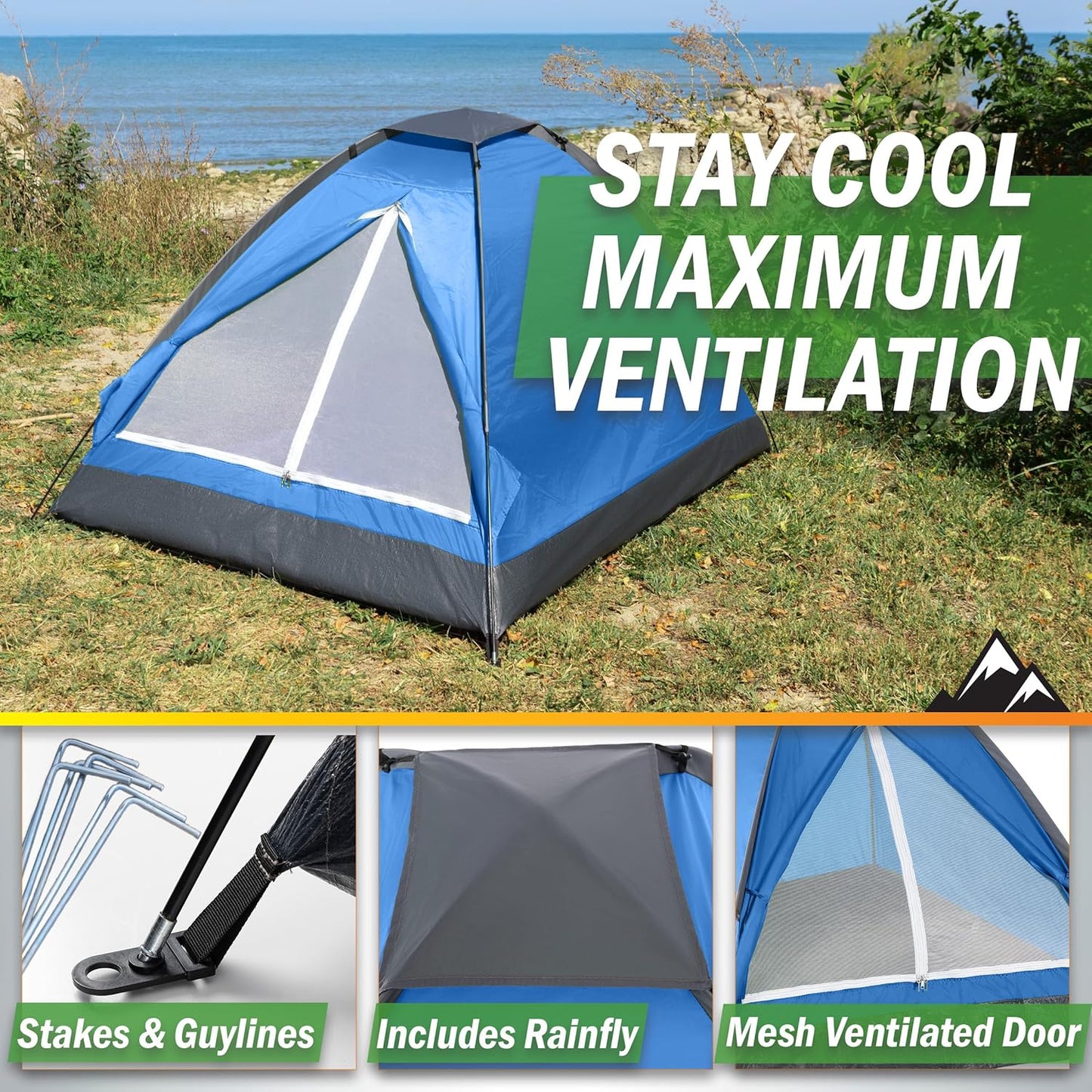 2 Person Outdoors Camping Tent with Rain Fly and Carrying Bag - Lightweight Outdoor Pop Up Tents for Camping Essentials, Music Festivals, Backpacking, Hiking, or Beach Shelter