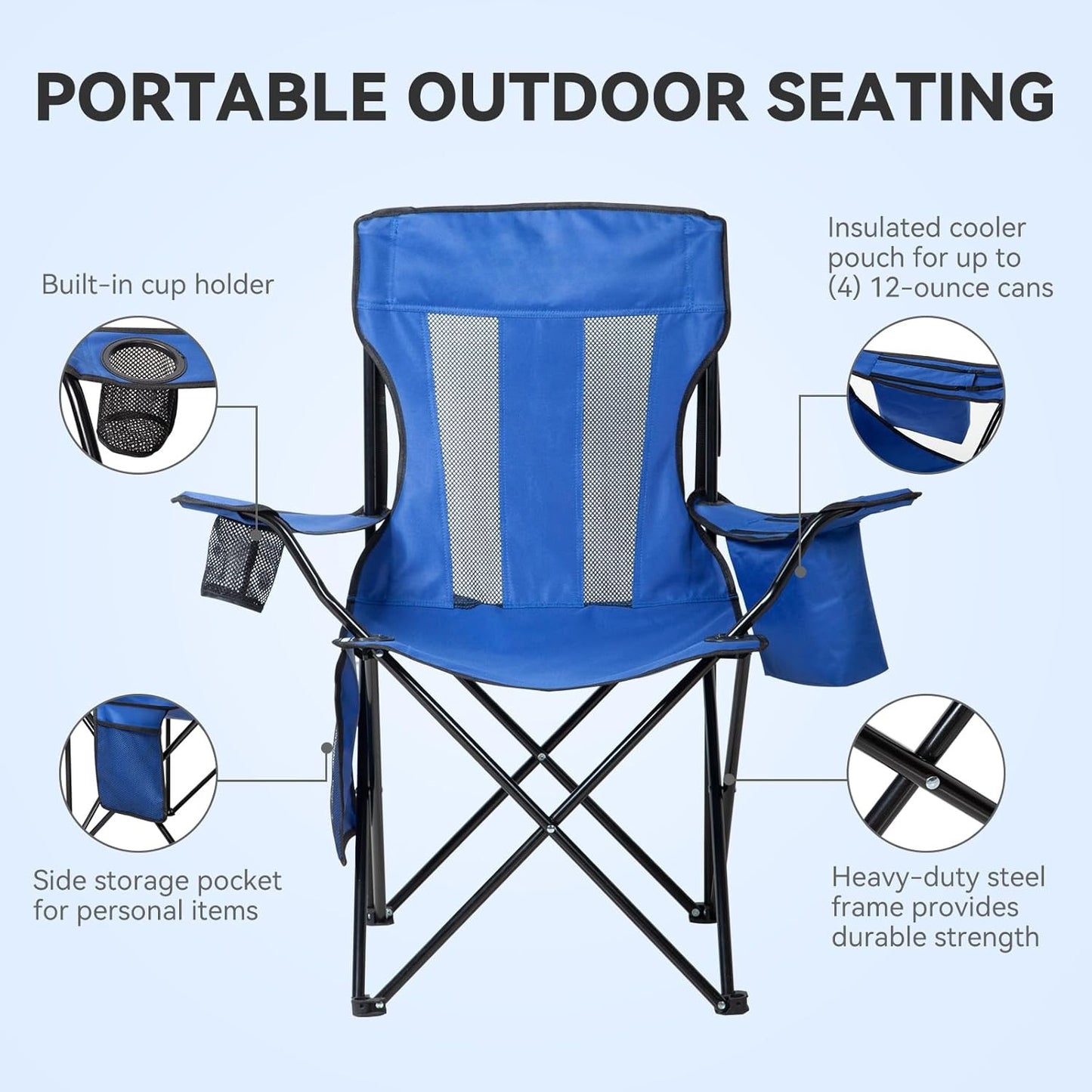 2 Pack Outdoor Camping Chairs Folding/Foldable/Portable with Cooler Pouch, Mesh Backrest and Cup Holder Pocket (Blue, 2 Pack)