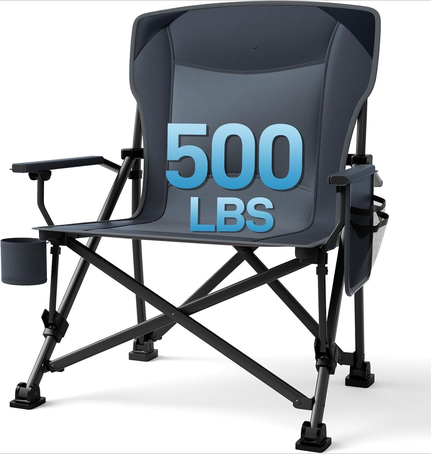 Oversized Folding Camping Chair, for Adults Heavy Duty Lawn Chair with Side Pockets, Portable Collapsible Quad Chair for Outside, Support Up to 500lbs, Grey