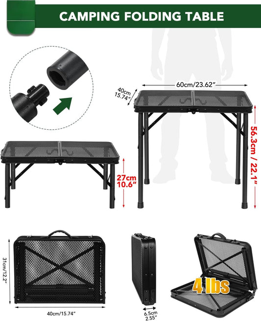 2Ft Small Folding Table with Carry Handle, Camping Table Adjustable Height 10.6–22 in, Black Metal Mesh, Portable & Compact for Outdoor/Indoor,Grill Table, 23.6×15.8 in, 4 lb, 66 lb Capacity