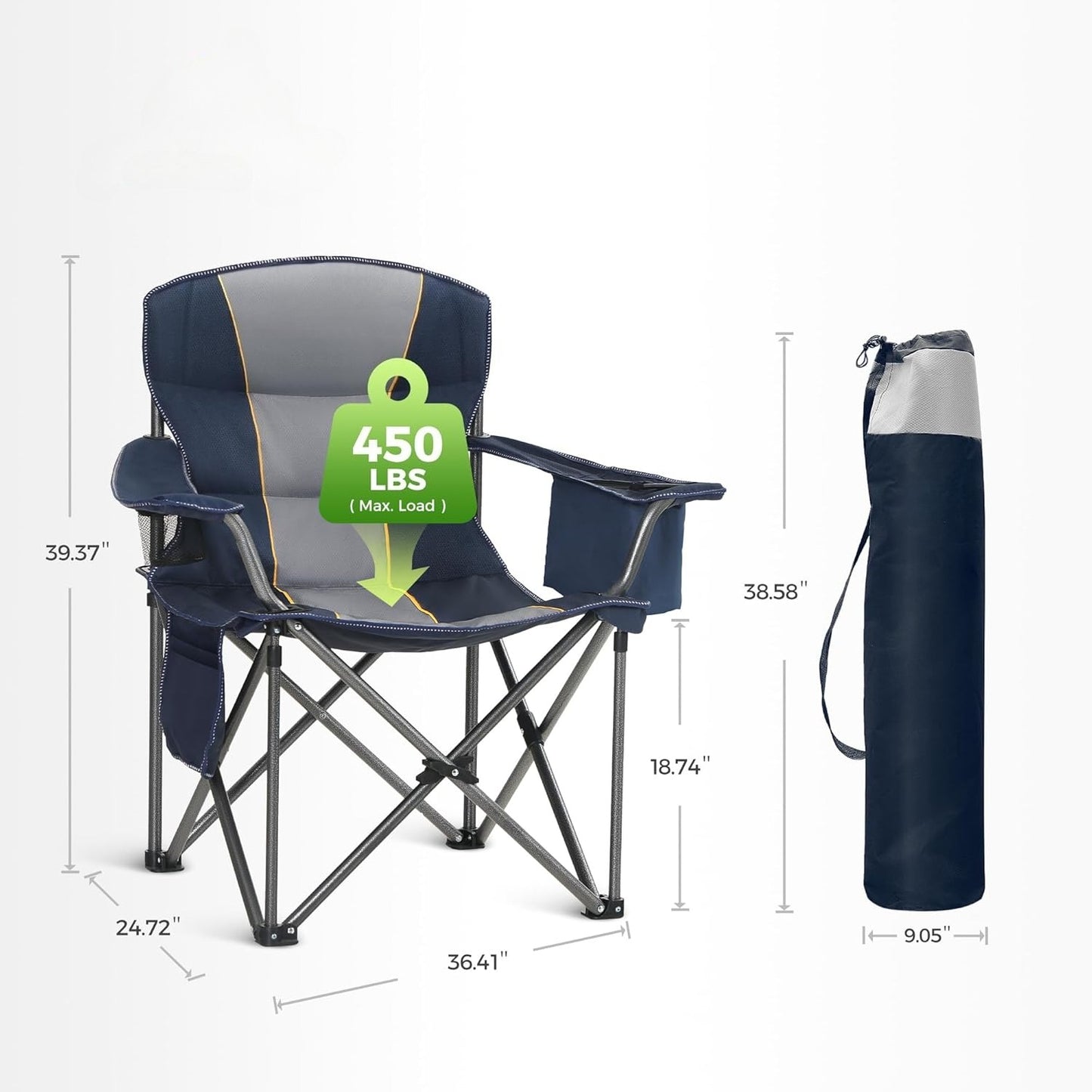 Heavy Duty Camping Chair 500LBS Capacity, Oversized Folding Chair for Heavy People, Padded Portable Outdoor Chair with Cooler Bag & Cup Holder for Camping, Fishing, Beach