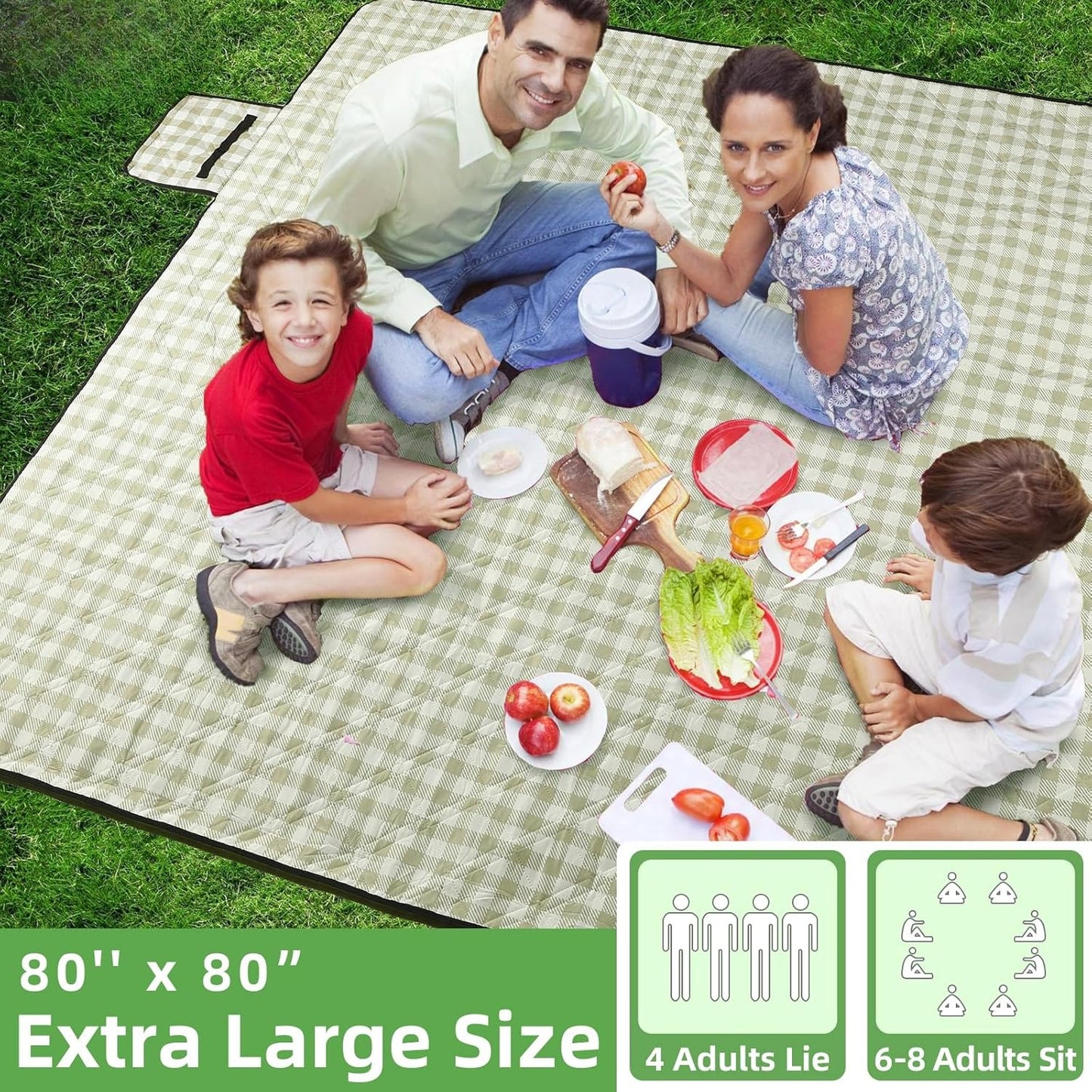 Extra Large Picnic Outdoor Blanket, 80''x80'' Waterproof Foldable Blankets Gingham Picnic Mat for Beach, Camping Grass Lawn Park Accessories Cute Couple Gifts Ideas Wedding Registry(Green White)