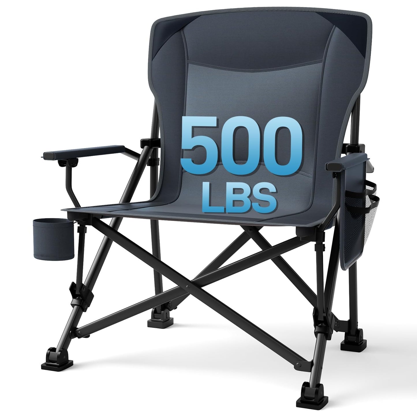 Oversized Folding Camping Chair, for Adults Heavy Duty Lawn Chair with Side Pockets, Portable Collapsible Quad Chair for Outside, Support Up to 500lbs, Grey